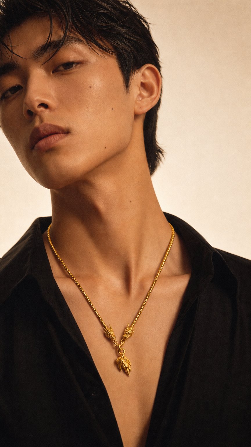 AI product shot of 24K Yellow Gold 4.2MM Dragon Scale Chain w/ Dragon Heads
