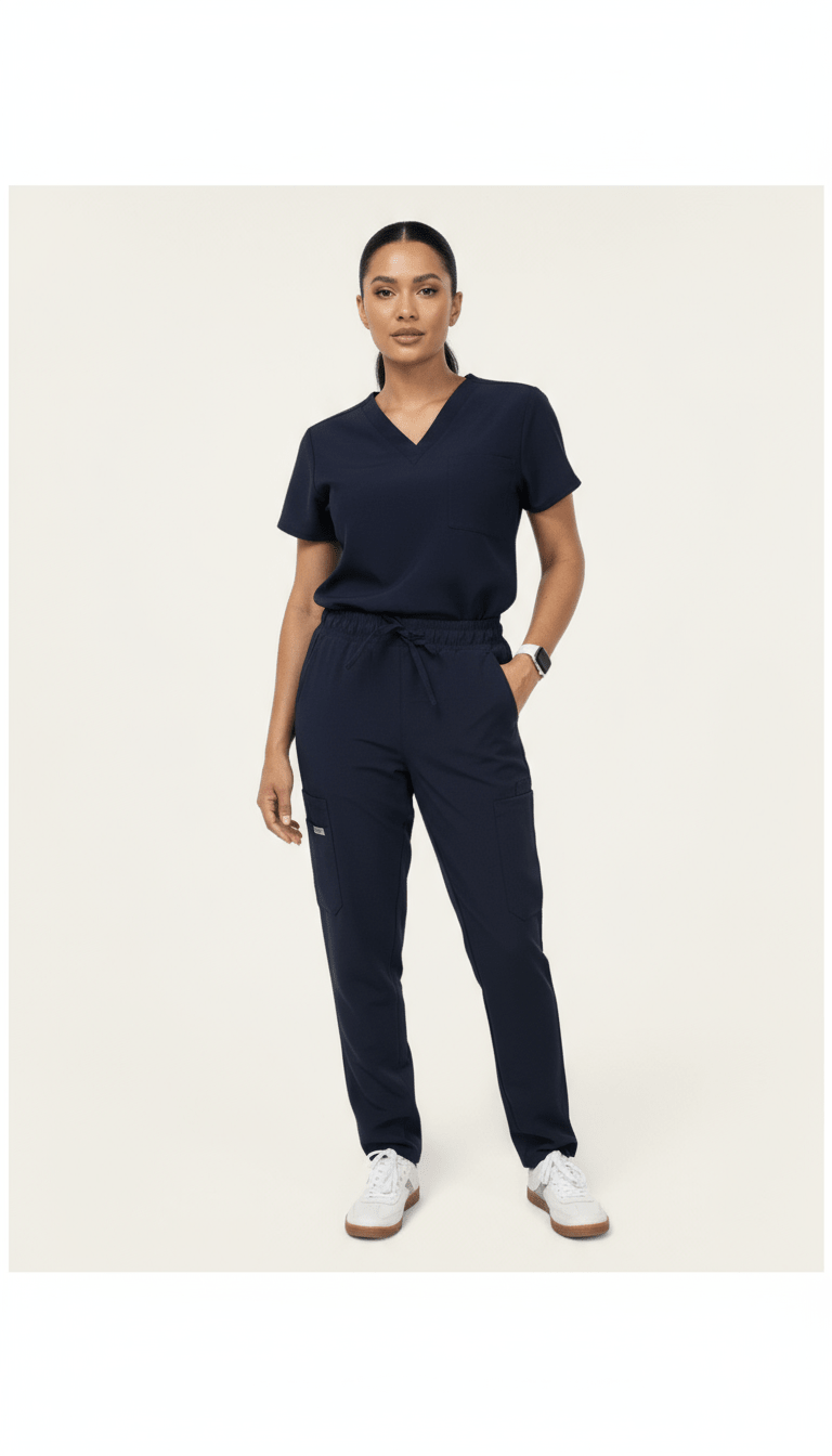 AI product shot of IRONIK Navy Blue Scrub Set - Top & Cargo Pants