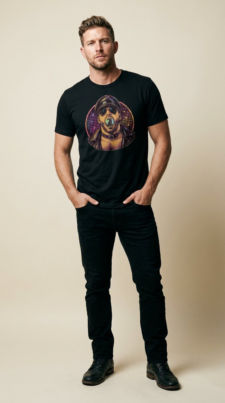 AI product shot of Disco Daddy T-Shirt | Gay Club & Leather Graphic T-Shirt