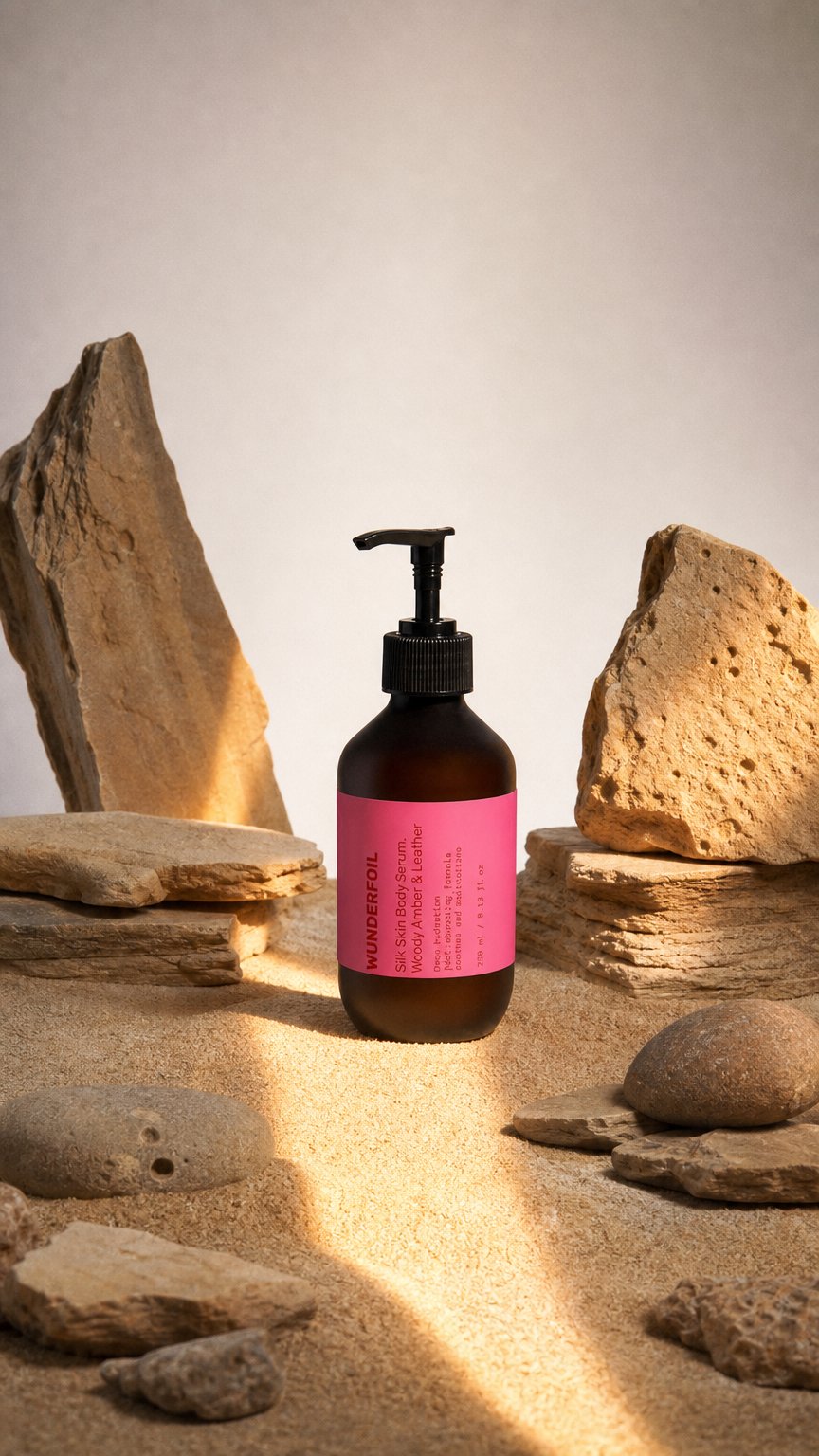 AI product shot of Silk Skin Body Serum, Woody Amber & Leather