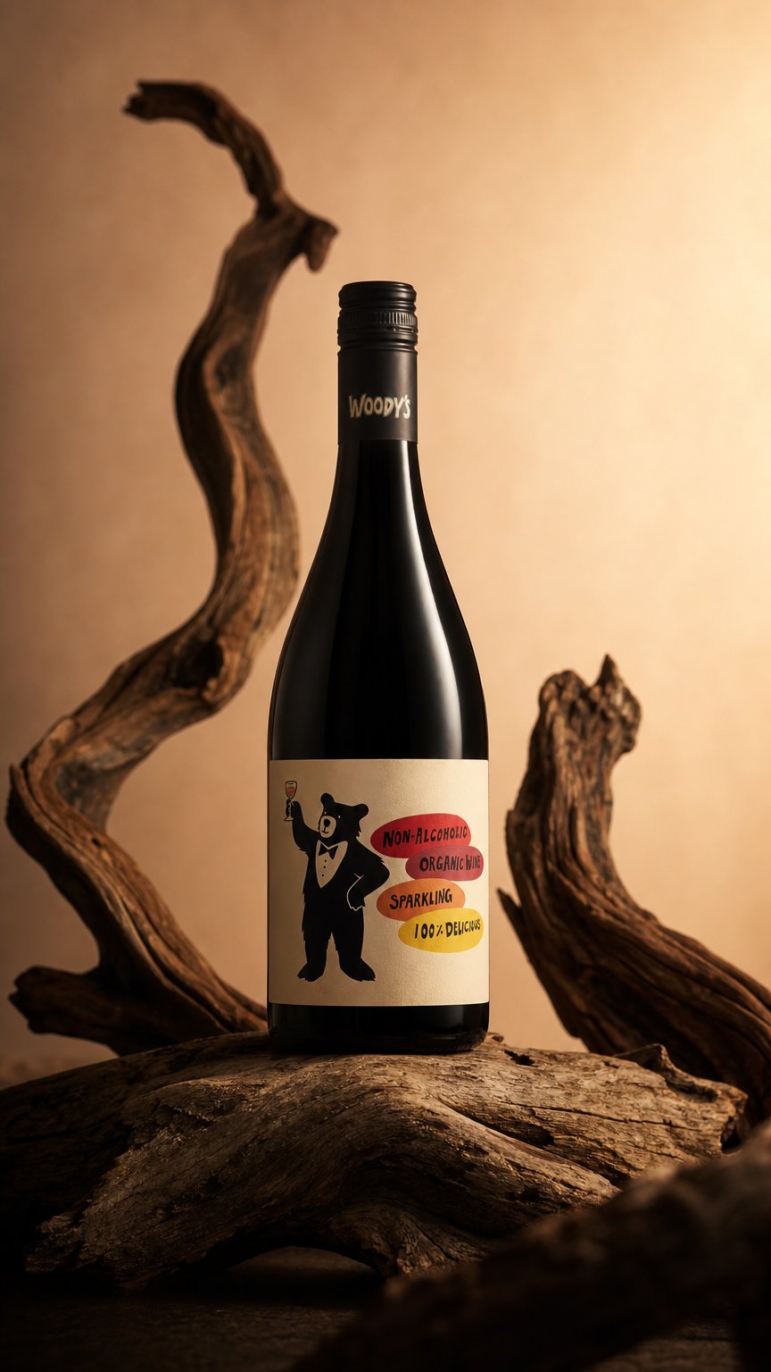 AI product shot of Woody's Non-Alcoholic Organic Wine