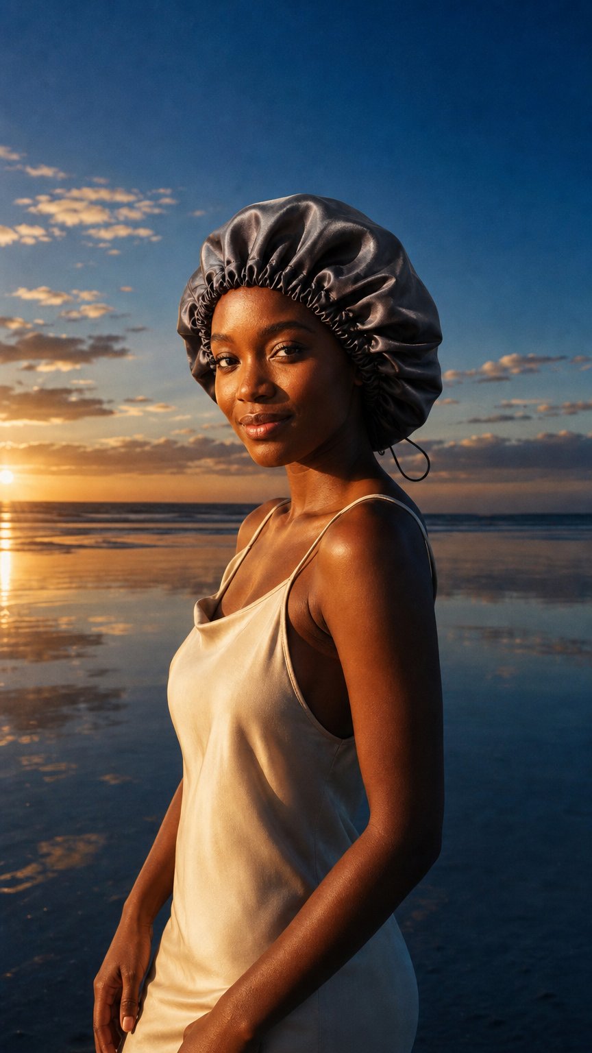AI product shot of Ilehue Satin Bonnet – Handmade Sleep Bonnet for Curl Protection