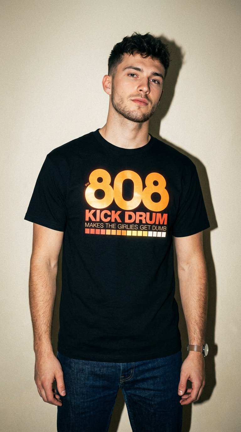 AI product shot of The 808 Kick Drum Makes the Girlies Get Dumb – Shirt