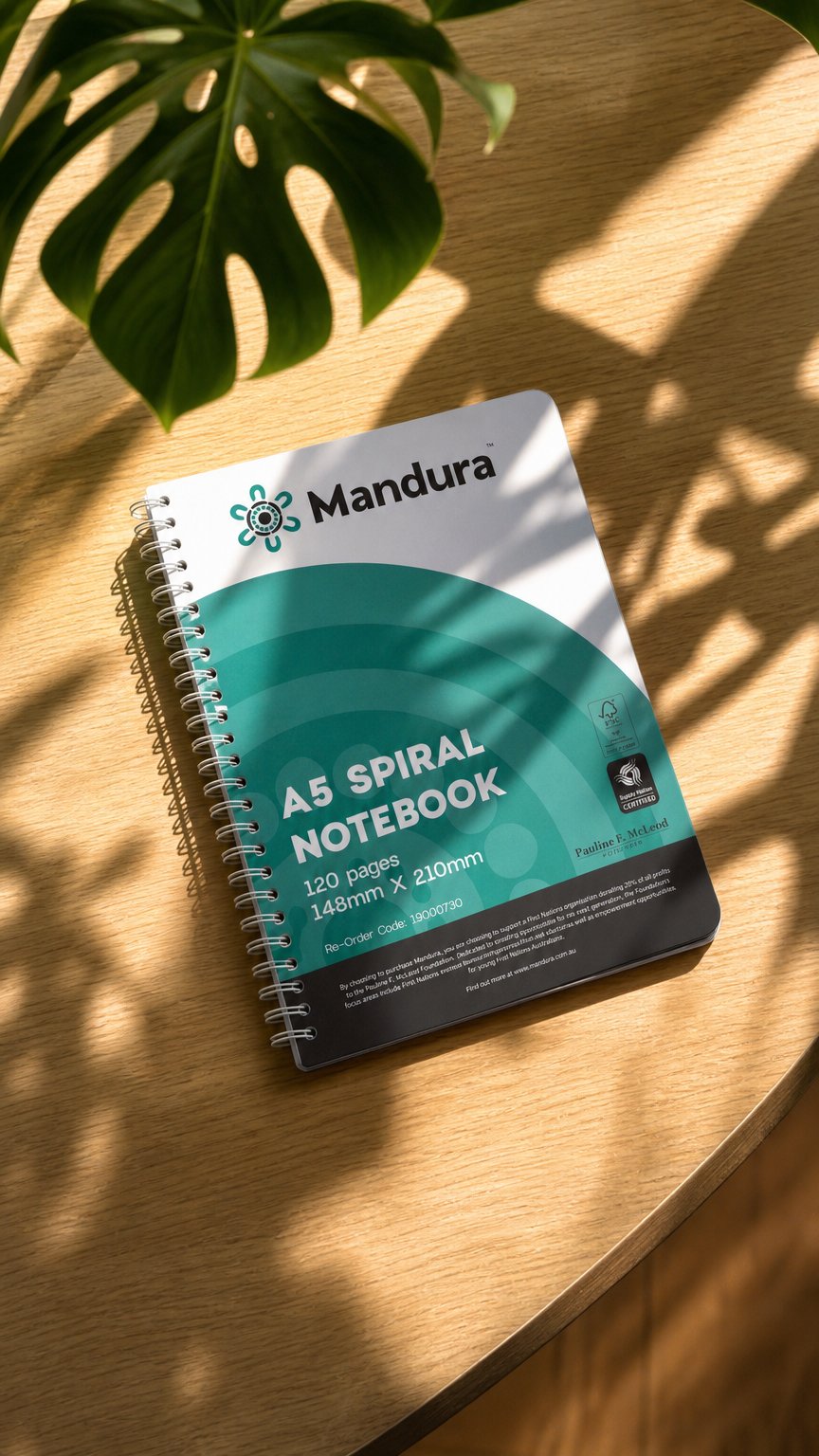 AI product shot of Mandura Spiral Notebook A5 120 Pages