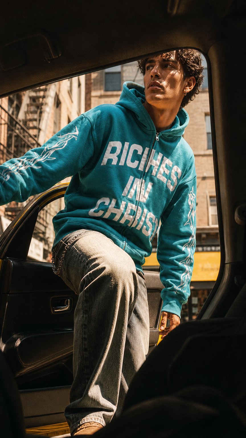 AI product shot of Riches In Christ Zip-Up Hoodie (Blue)