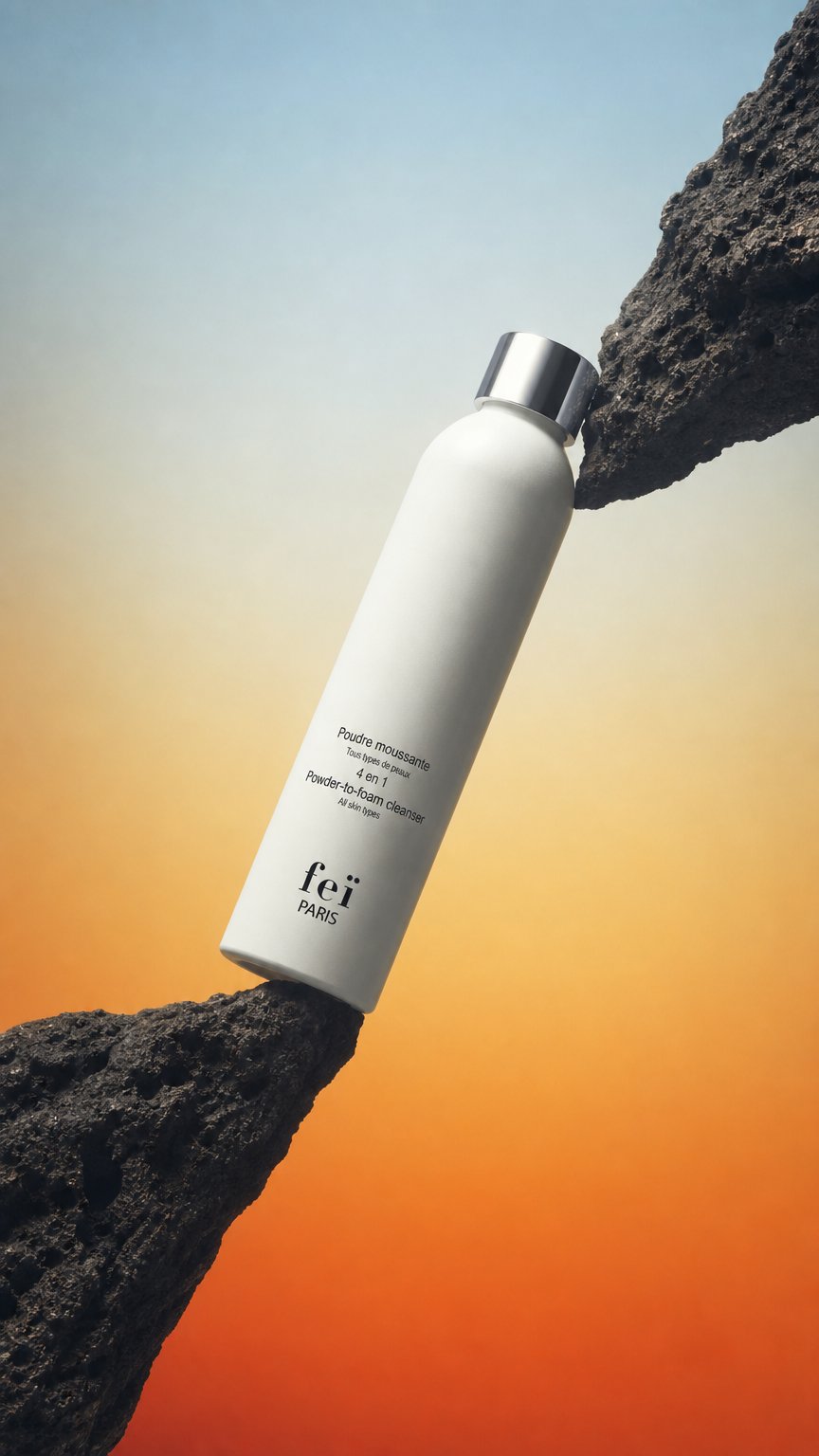 AI product shot of 4-in-1 cleansing powder · All skin types