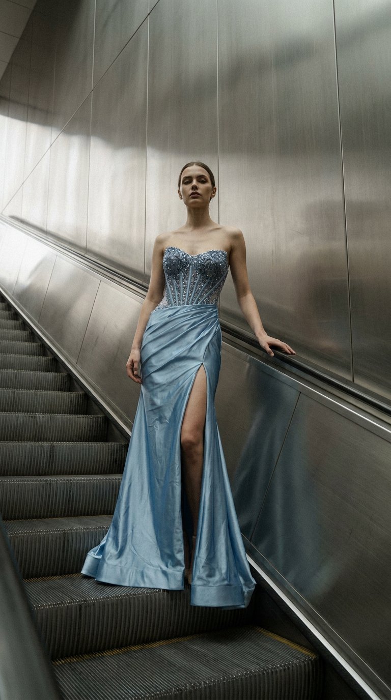 AI product shot of Wholesale Light Blue Strapless Sequin Mermaid Prom Dress 33407