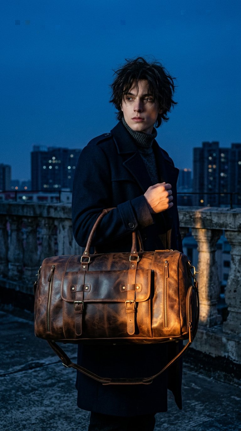 AI product shot of The Voyager – Leather Duffel Bag