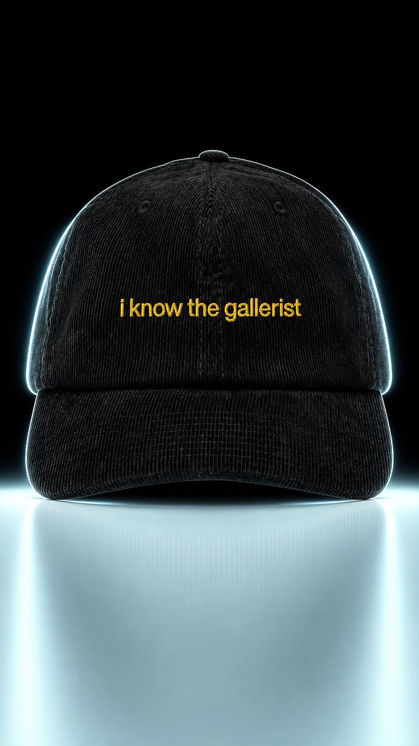 AI product shot of "i know the gallerist" corduroy hat