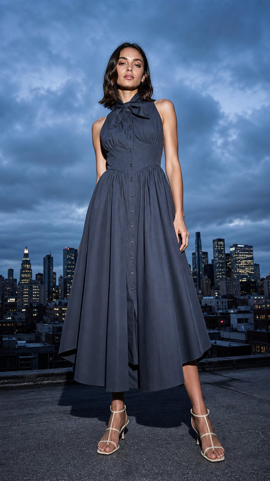 AI product shot of Cotton Poplin Tie Neck Midi Dress