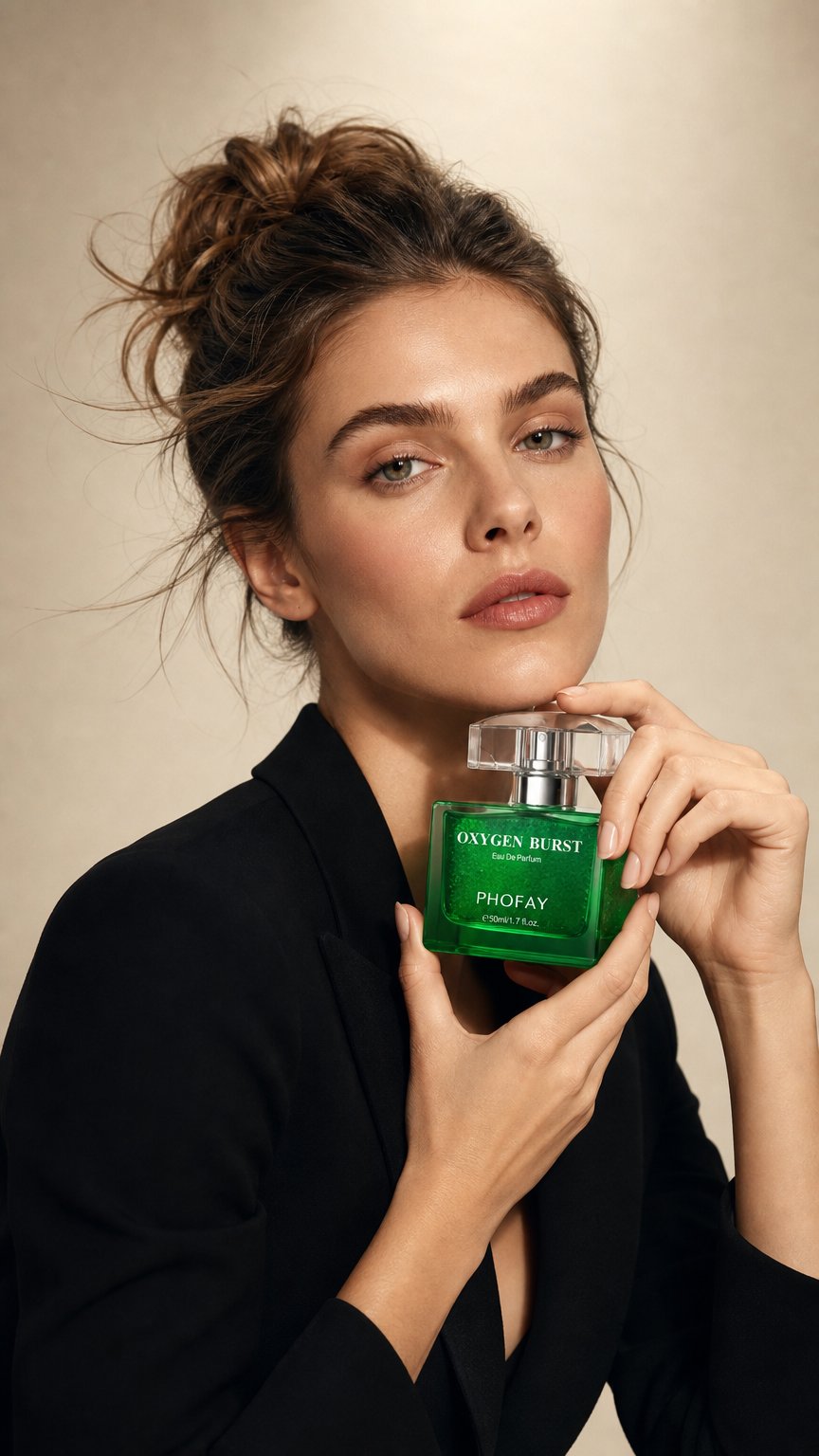 AI product shot of OXYGEN BURST Eau De Parfum A Breath of Fresh Energy. Bottled.