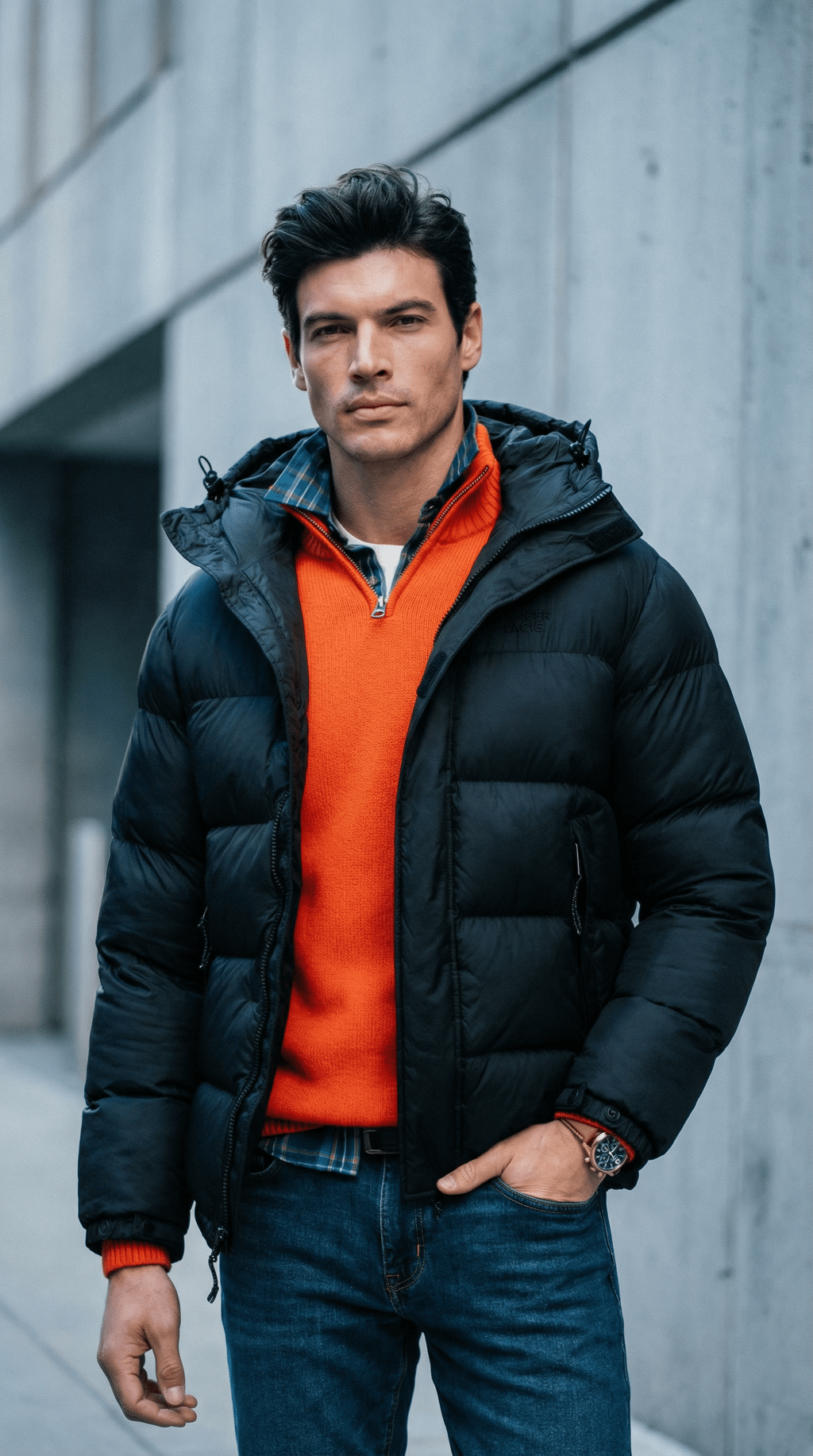 AI product shot of Black Puffer Jacket with Hood