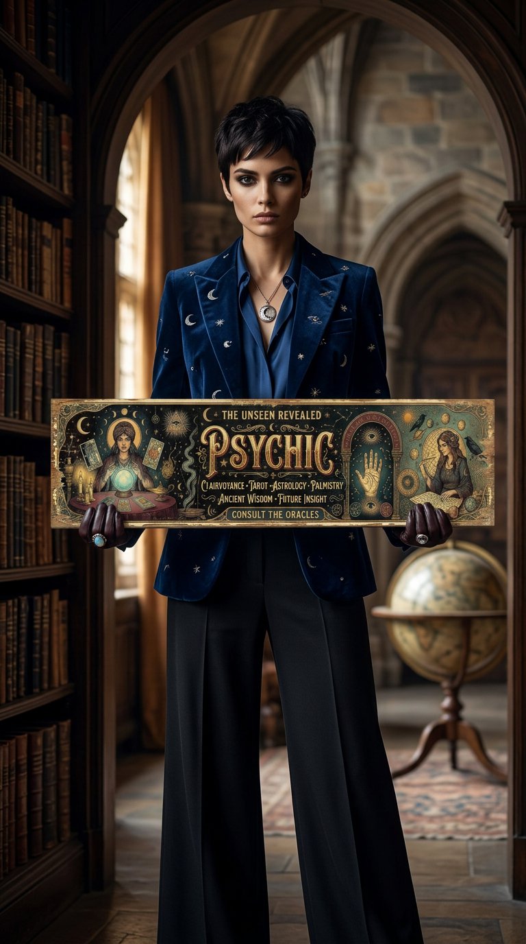AI product shot of Psychic Fortune Teller Vintage Wooden Sign — Clairvoyance Tarot Astrology Palmistry