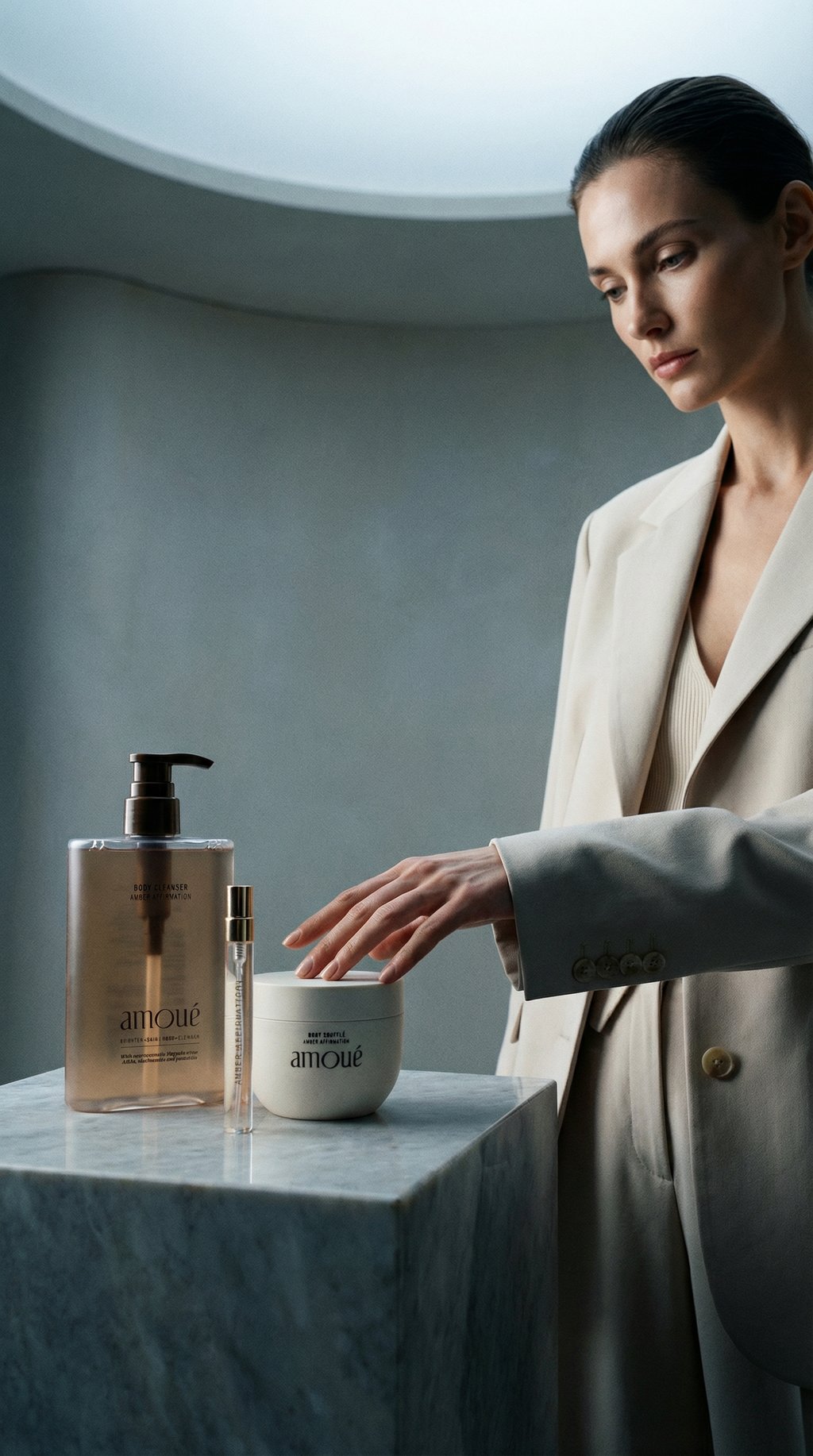AI product shot of body routine set amber affirmation