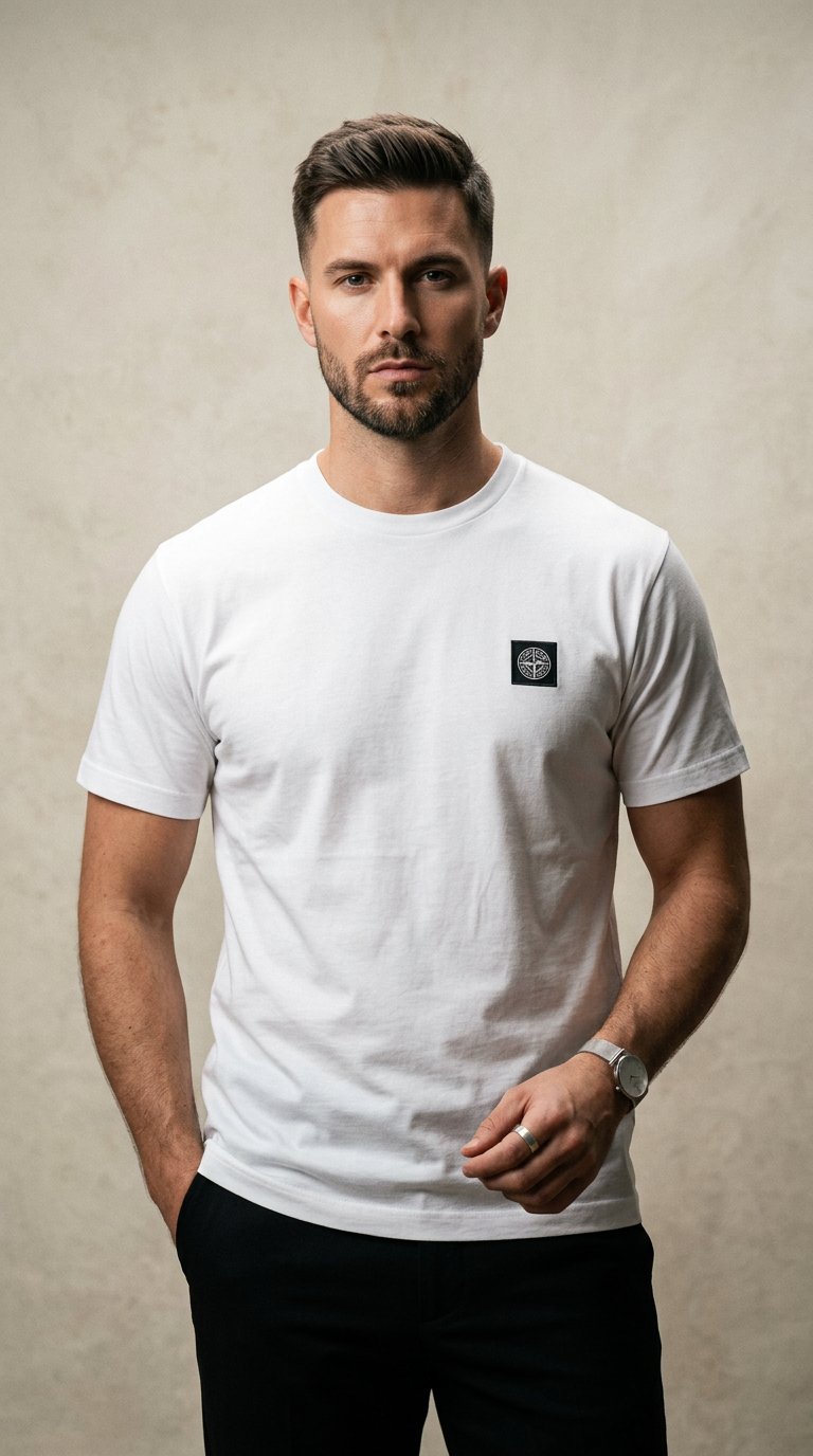 AI product shot of *Stone Island 2100039 60/2 COTTON JERSEY Slim fit T-shirt with Compass logo patch V0001 White
