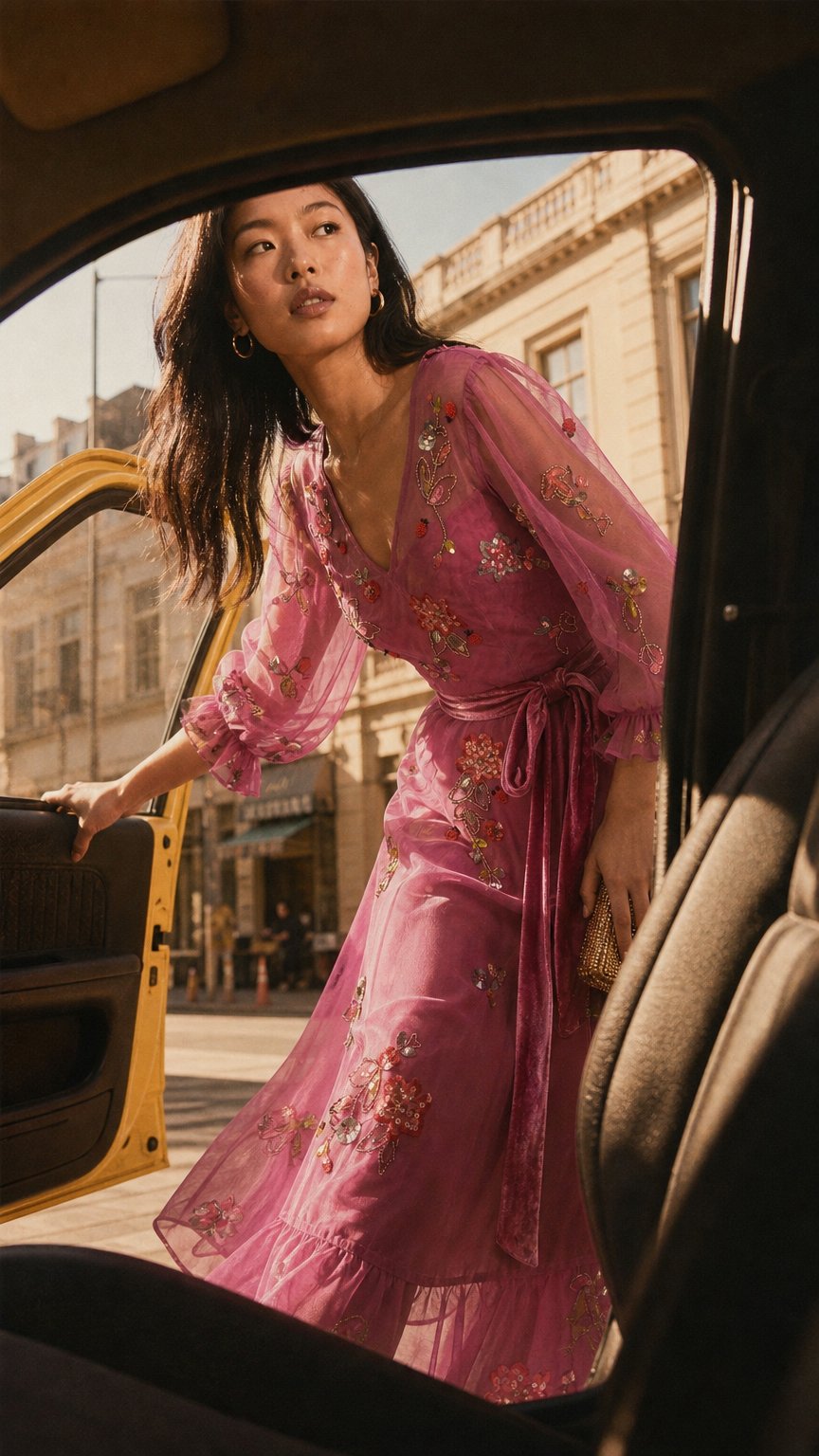 AI product shot of Monsoon London Sabrina Embellished Midi Dress Pink Beaded New with Tags RRP $270