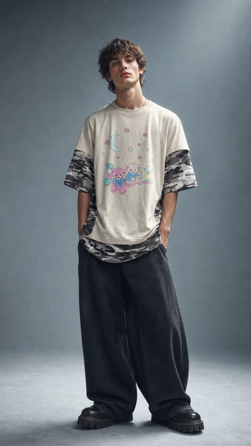 AI product shot of [Campaign] Balenciaga Love Bear Double Layer Camouflage T-shirt (XS) - New w/ Tags