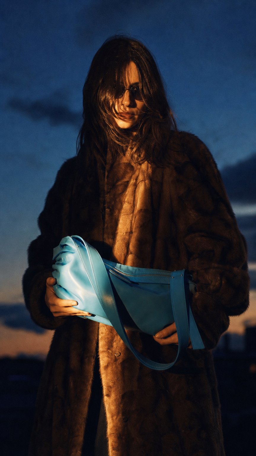 AI product shot of LOVA BAG – Hawaiian Blue skórzana torebka do ręki i na ramię