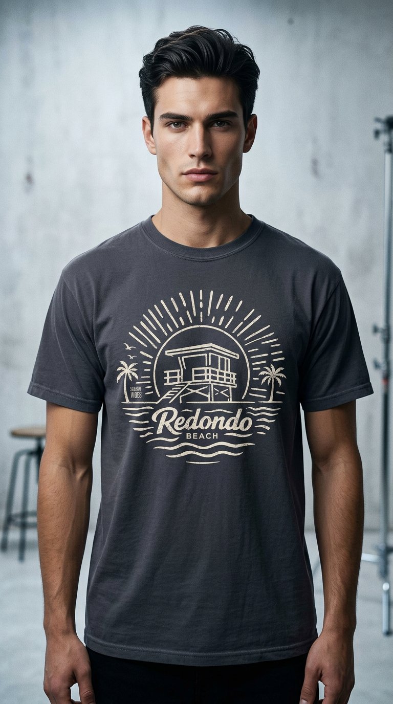 AI product shot of Unisex: Redondo Beach Sunrise Session Tee - 100% Cotton | Navy