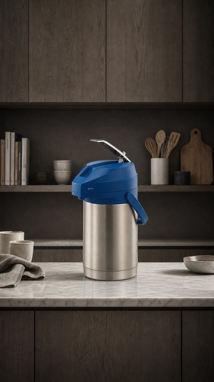 AI product shot of Color-Me SVAC 2.2-Liter Vacuum Insulated Lever Lid Airpot in Brushed Stainless and Blue