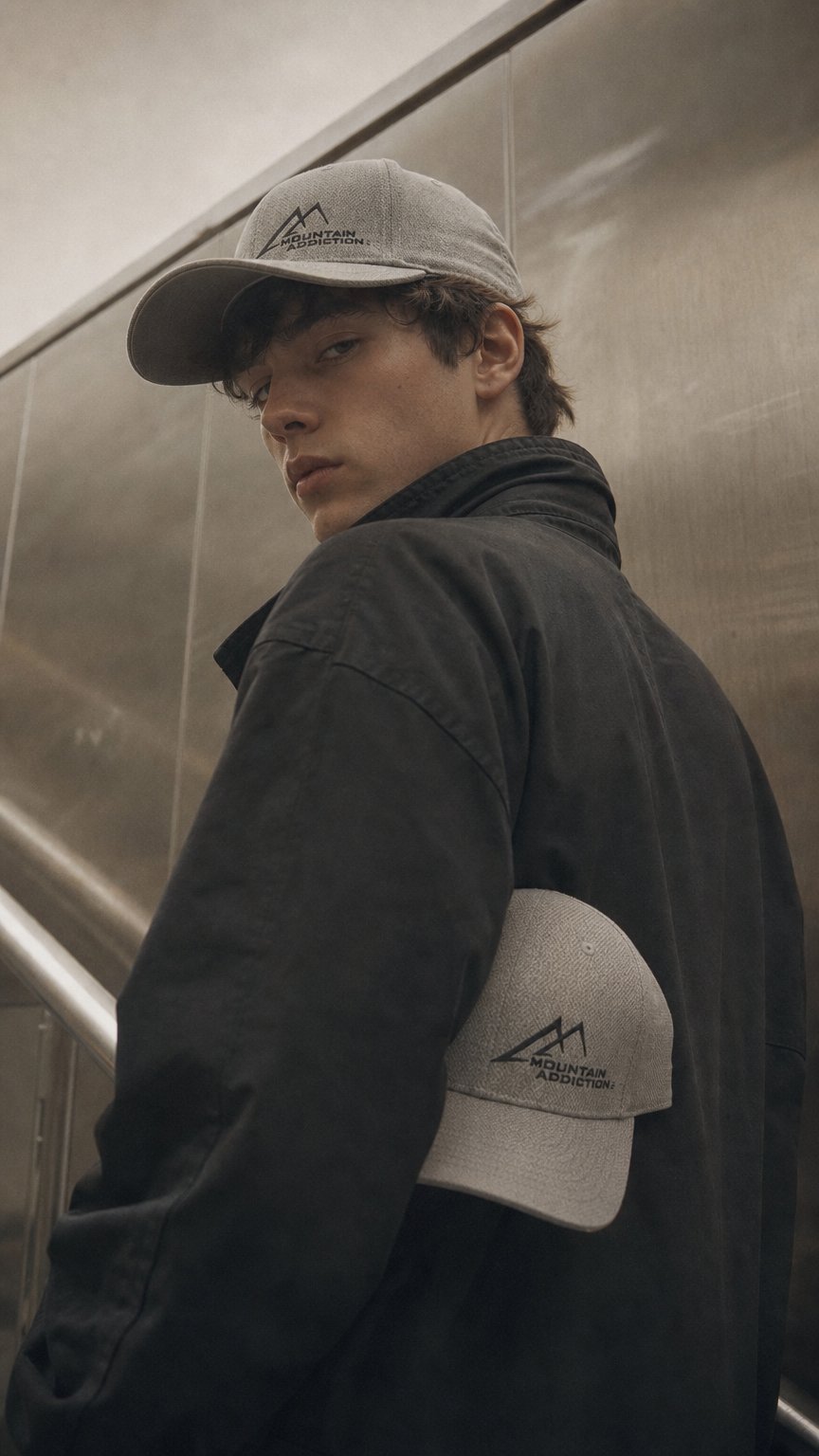 AI product shot of Grey Flex Fit Hat with Black embroidered stitching