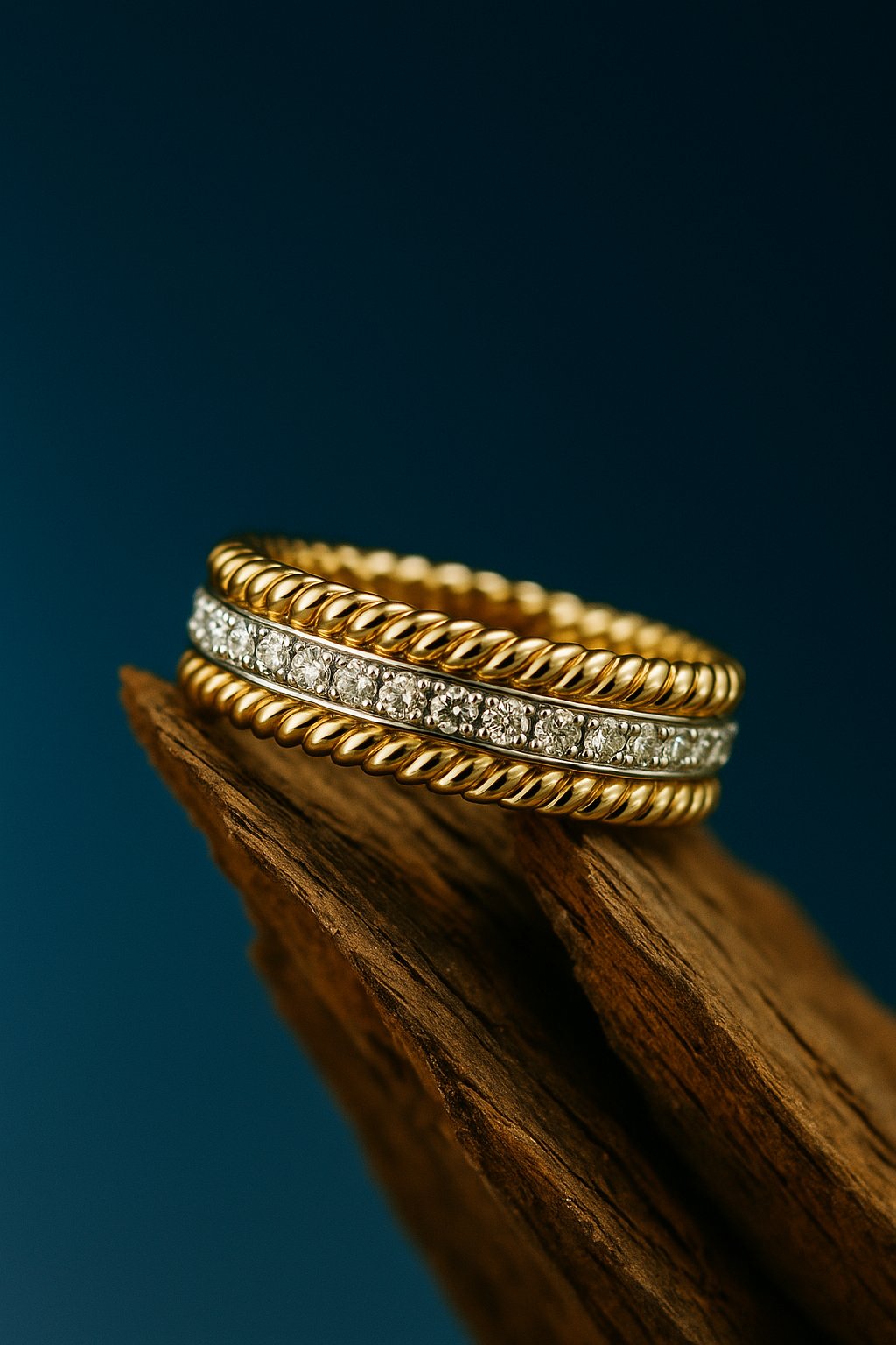 AI product shot of Tiffany Rope Two-row Ring in Yellow Gold and Platinum with Diamonds