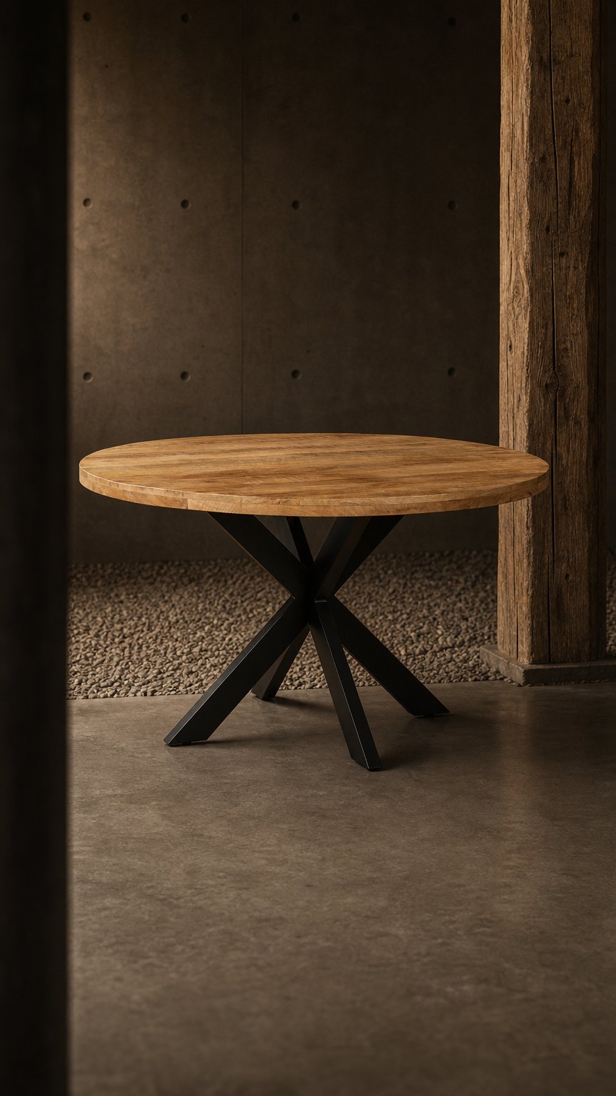 AI product shot of Eettafel Rond Edwin Mangohout Naturel