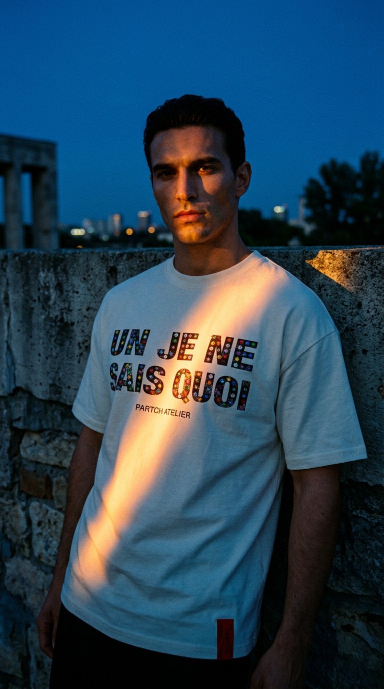 AI product shot of PARTCH Un Je Ne Sais Quoi Crystal Oversized T-Shirt Cream | Limited Edition