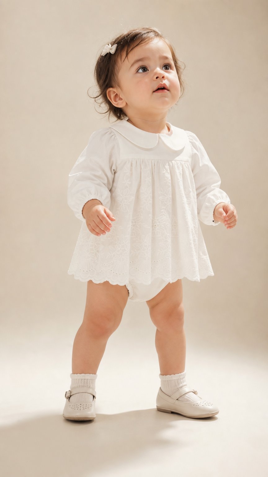 AI product shot of Baby Kleid Lucy, offwhite