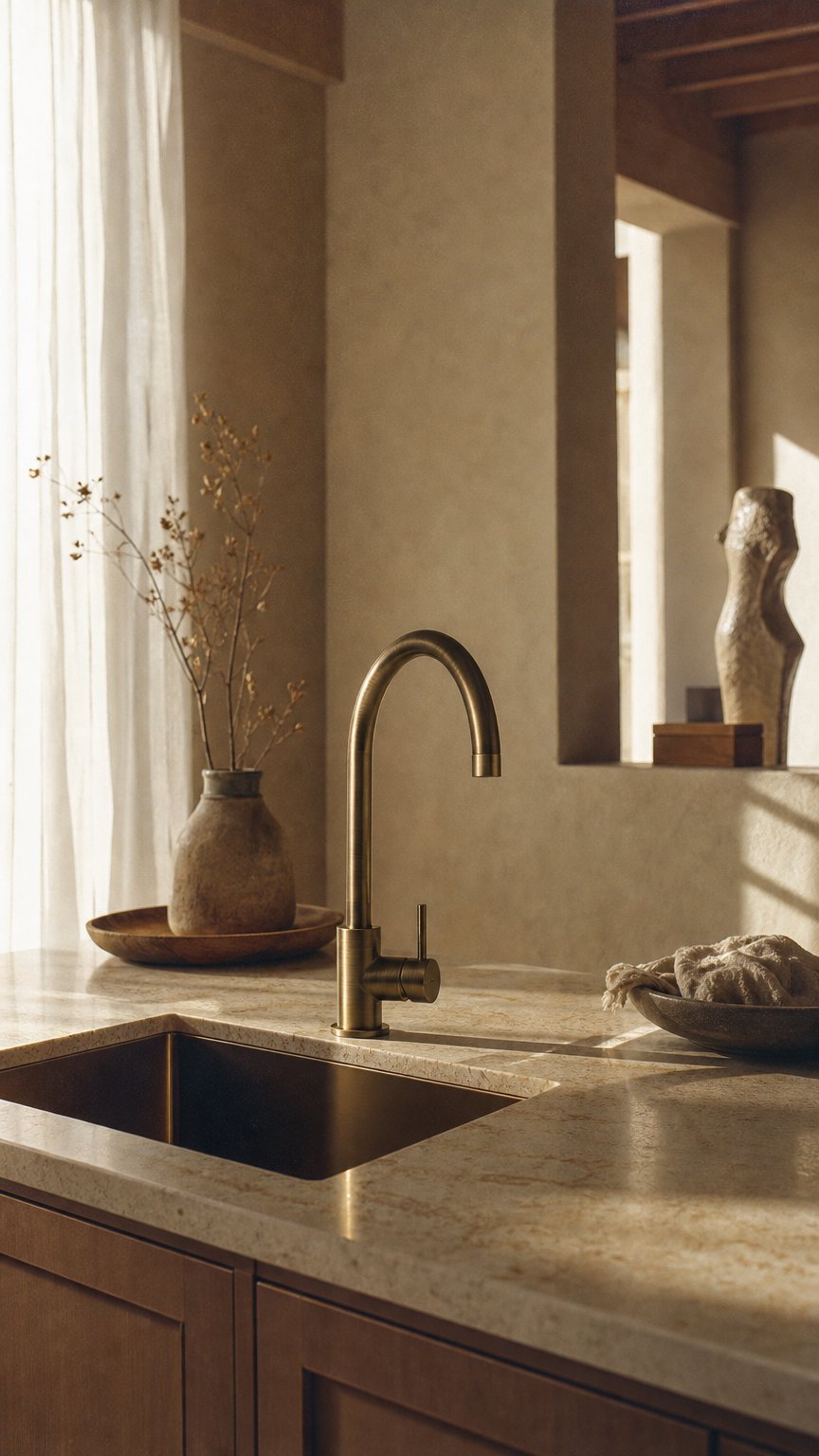 AI product shot of Sydney Round Kitchen Mixer Antique Brass