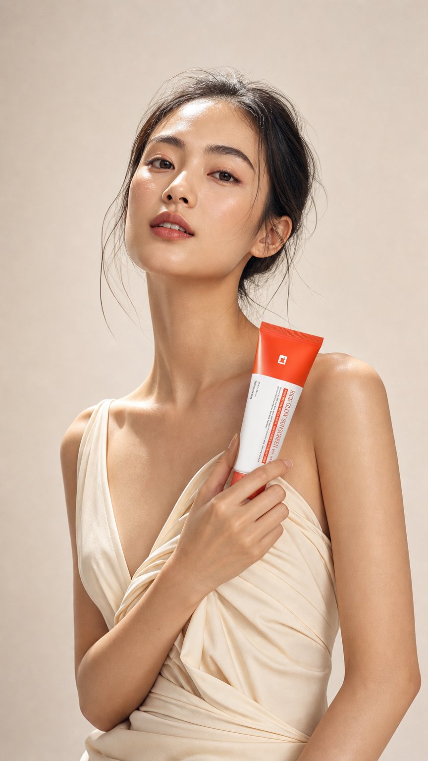 AI product shot of TOSOWOONG Rice Glow Sunscreen, SPF50+ Broad Spectrum Korean Sunscreen for Face, Dewy Finish No White Cast, Glass Skin Hydrating SPF Moisturizer with Rice Water & Hyaluronic Acid, 50ml / 1.69 fl. oz.