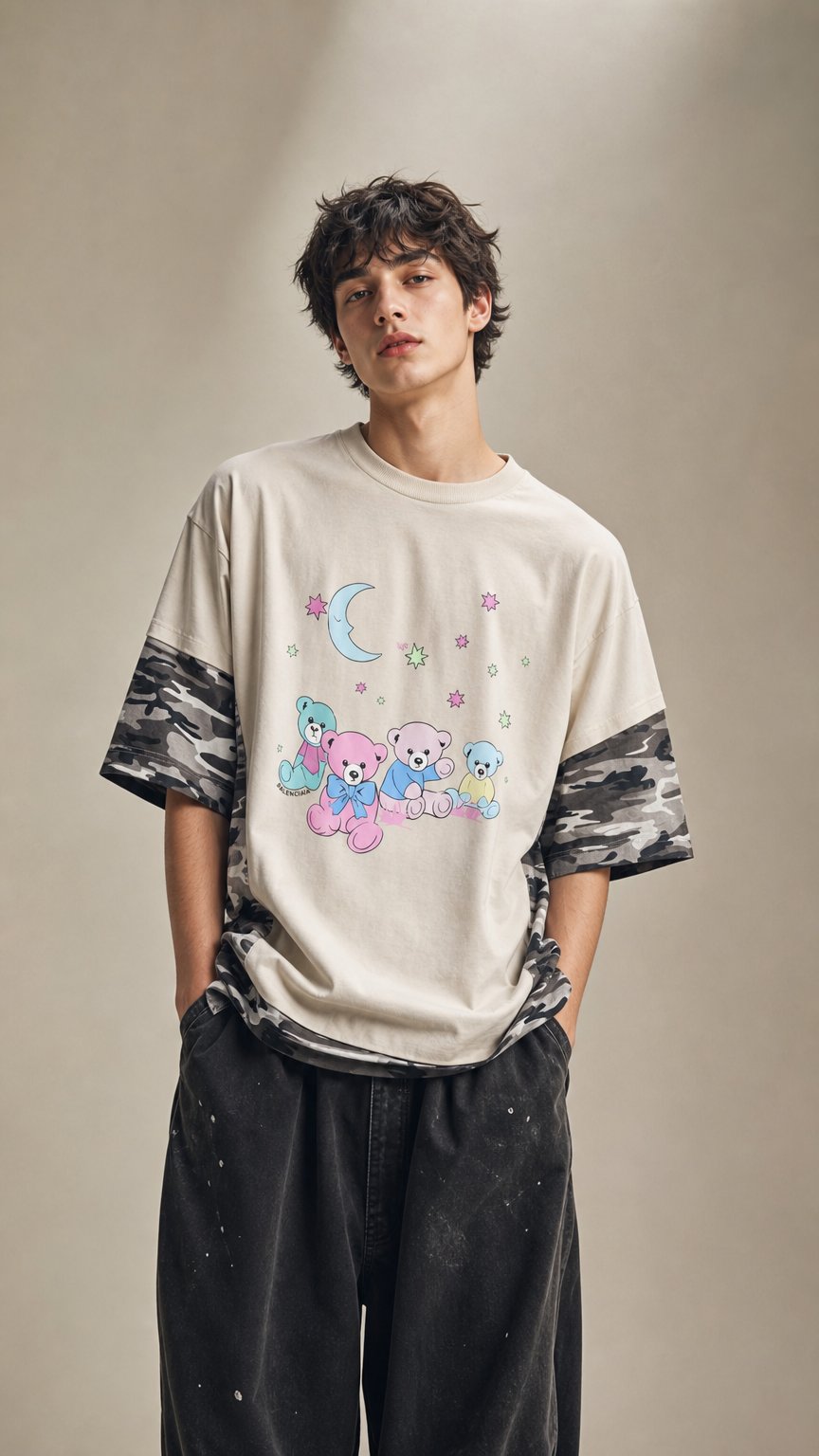 AI product shot of [Campaign] Balenciaga Love Bear Double Layer Camouflage T-shirt (XS) - New w/ Tags