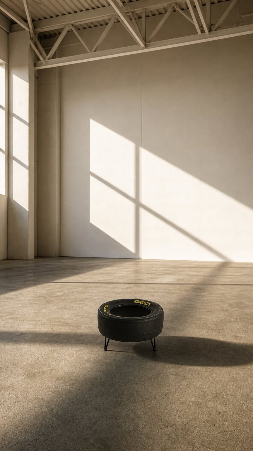 AI product shot of Racing Tyre Coffee Table | Handmade Car Rim Table for Man Cave, Garage Decor & Auto Enthusiasts | Unique Motorsport Furniture
