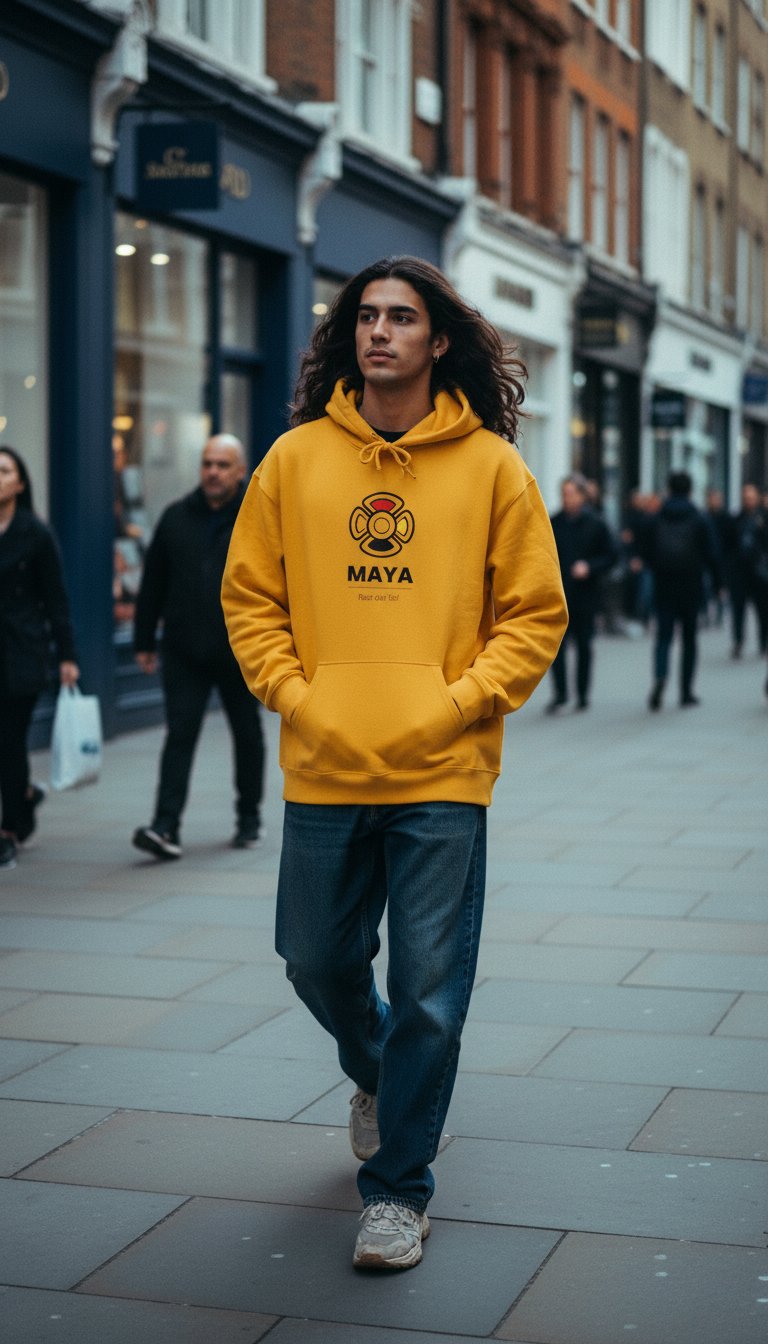 AI product shot of MAYA “Raíz del Sol” Hoodie | Premium Streetwear | Mayan Sun Symbol Design (Flor Maya) | Unisex Heavy Blend™ Hooded Sweatshirt