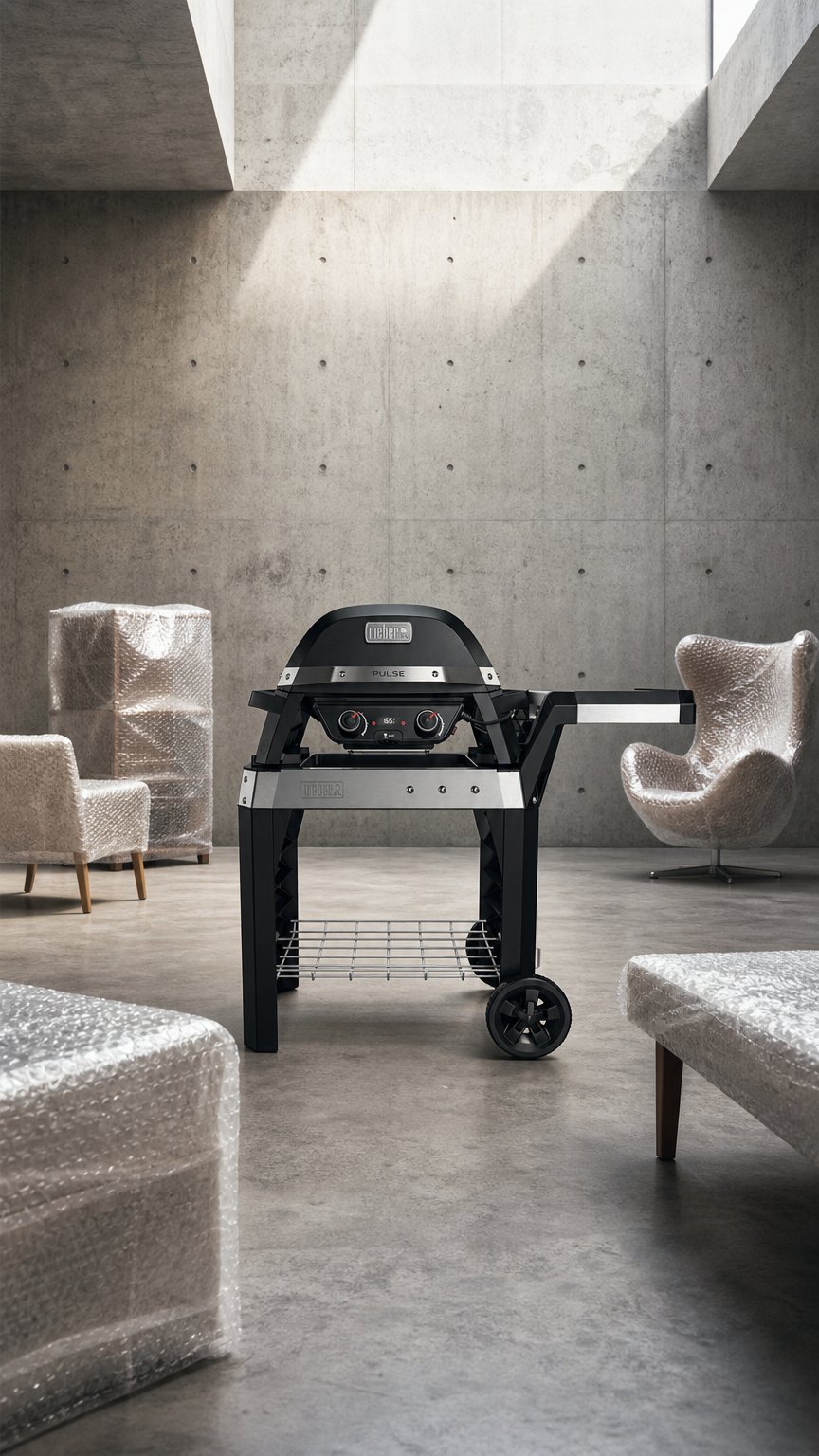 AI product shot of Weber PULSE 2000 met onderstel en hoes
