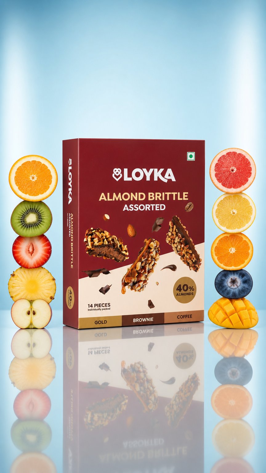 AI product shot of Almond Brittle Assorted 14 Pcs Box