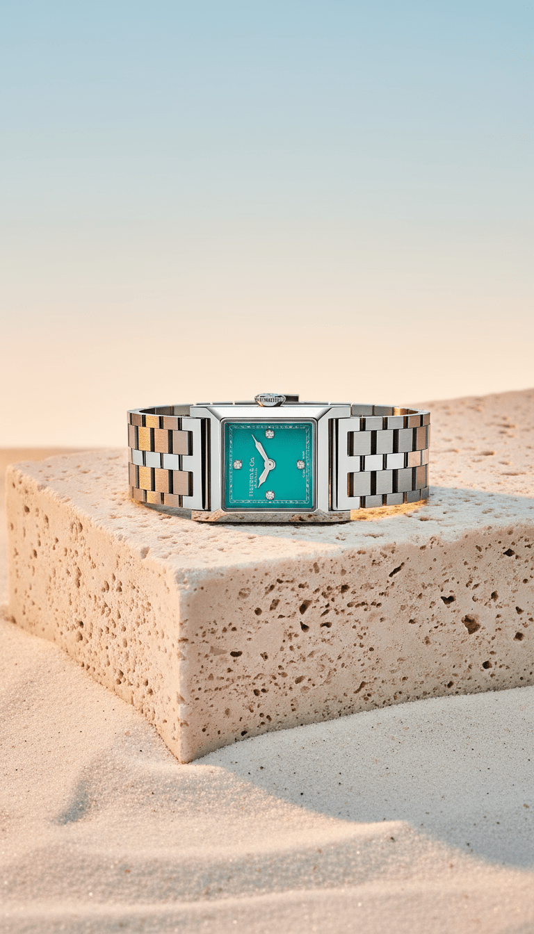 AI product shot of Union Square 20mm Watch in Steel with Diamonds & Tiffany Blue® Dial
