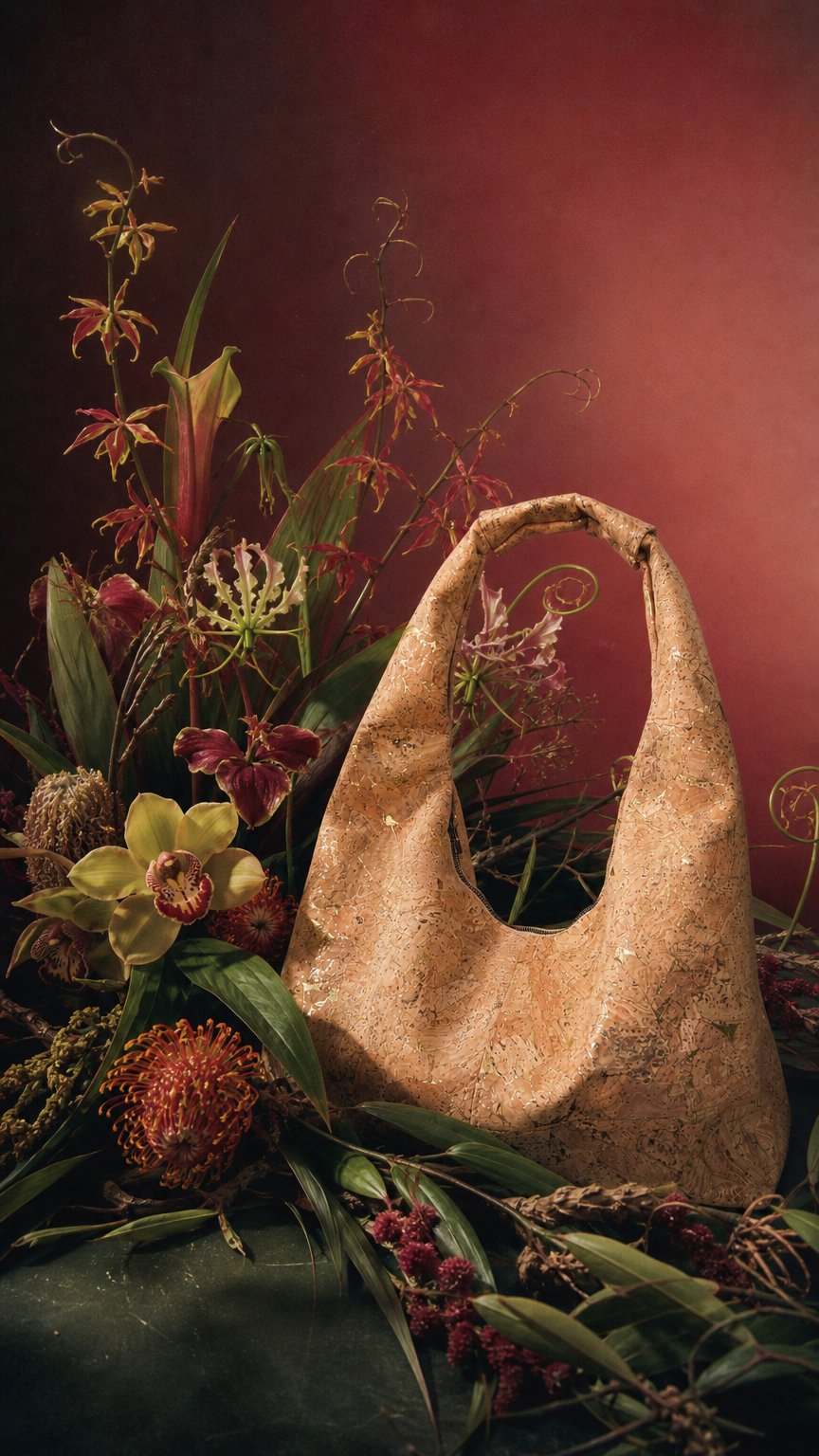 AI product shot of Slouchy Zipper Shoulder Bag in Premium Natural Gold Fleck Cork