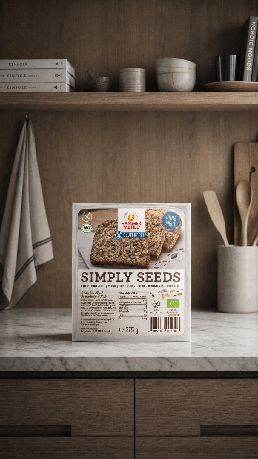 AI product shot of Bio Simply Seeds Fünf-Saatenbrot