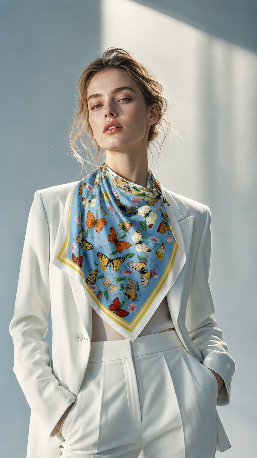 AI product shot of The Butterfly Escape Silk Square Scarf