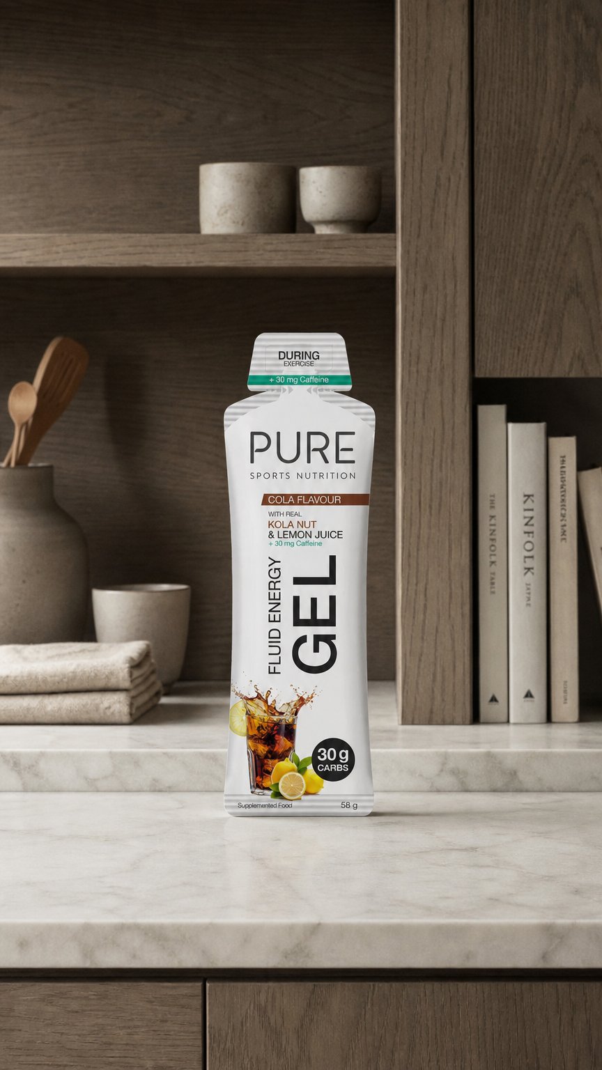 AI product shot of PURE Fluid Energy Gel - Cola + Caffeine