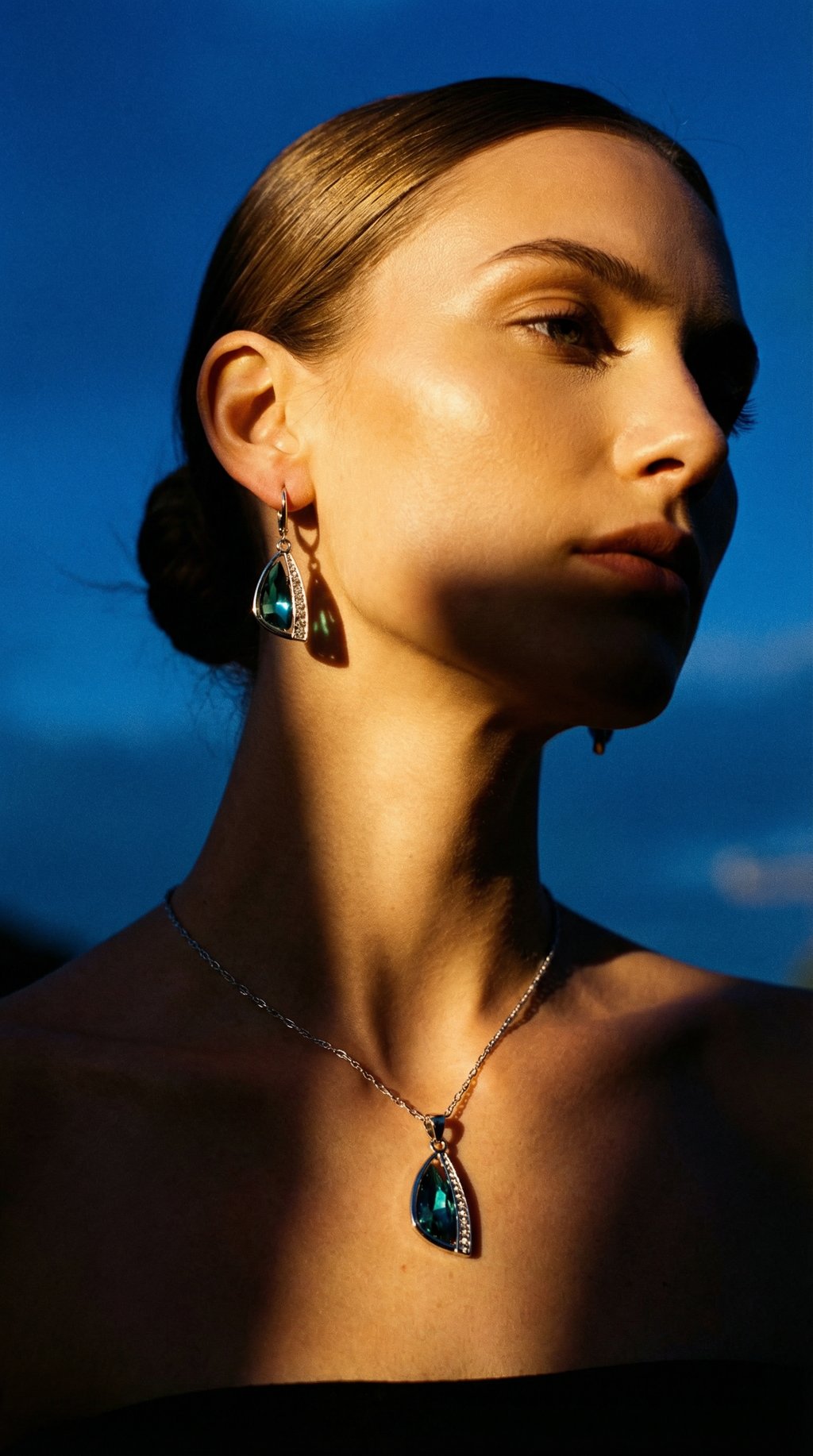 AI product shot of Elegant Green Crystal Jewelry Set | Necklace & Hoop Earrings