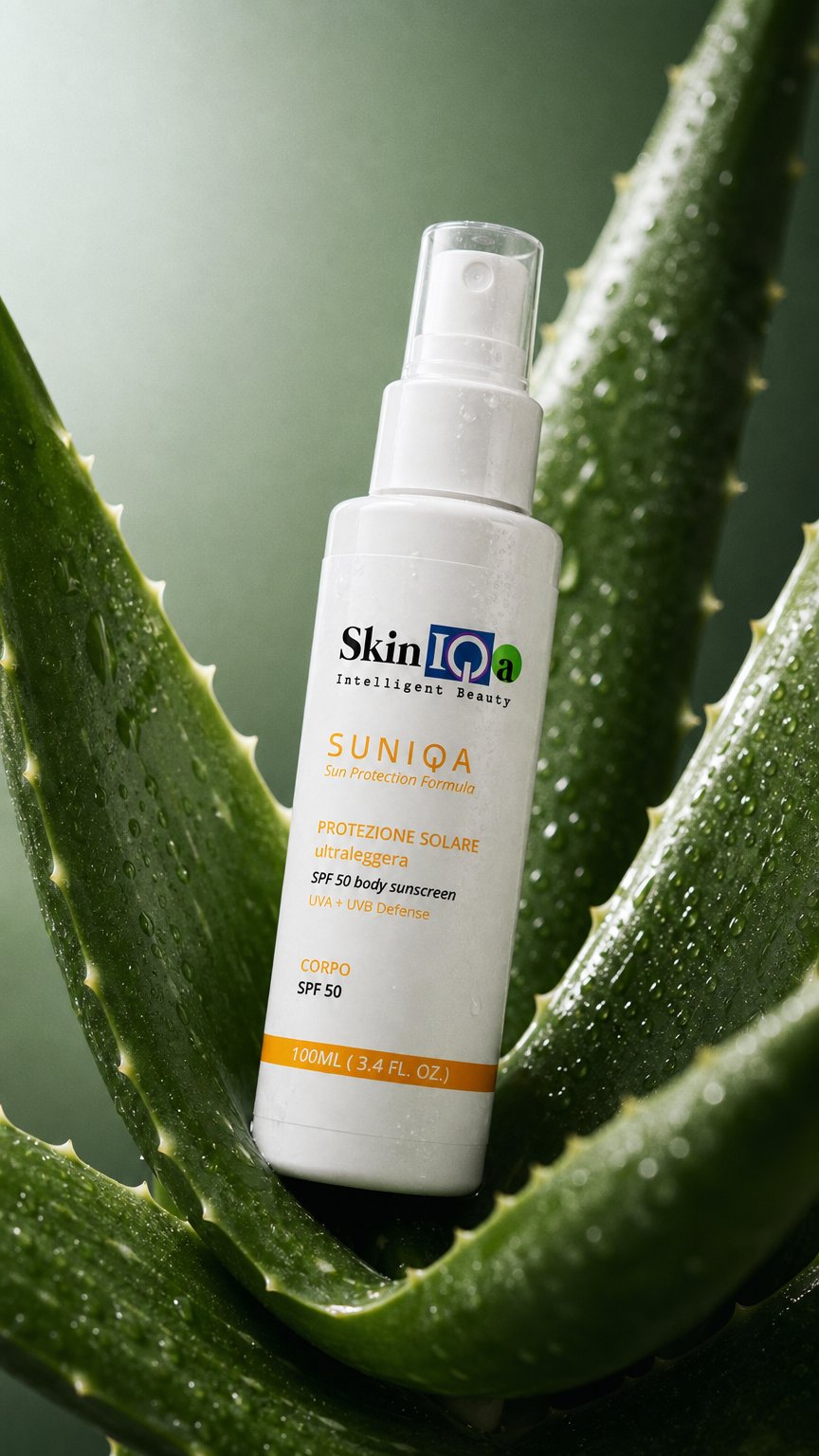 AI product shot of SUNIQA Protezione solare SPF 50 ultraleggera