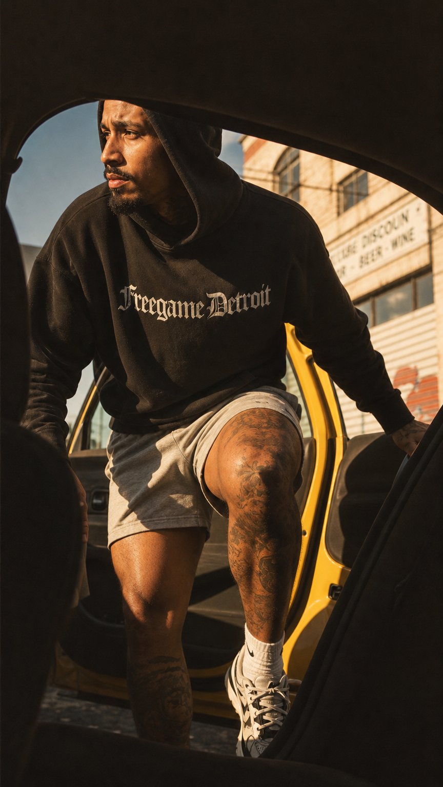 AI product shot of FREEGAMEDETROIT Old English hoodie