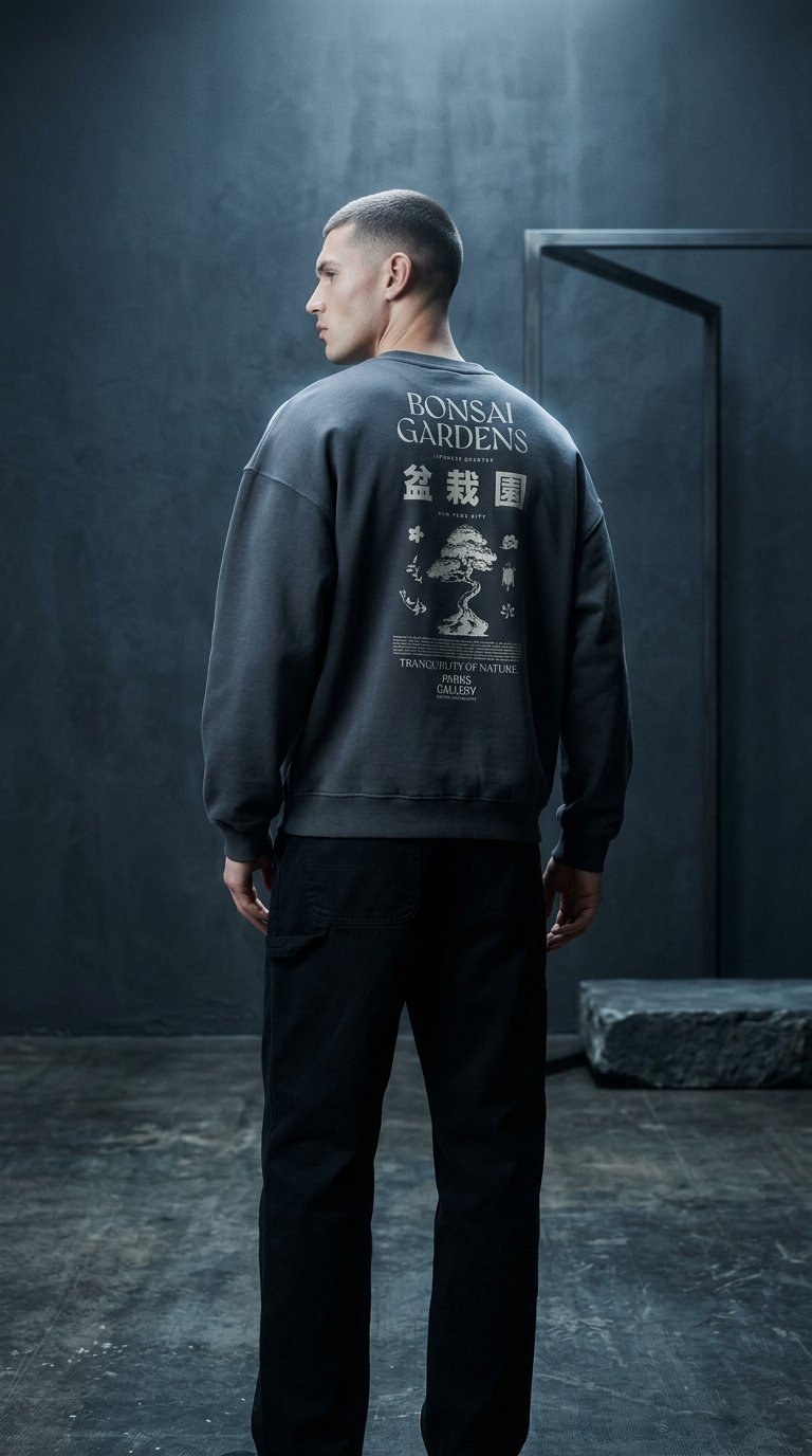 AI product shot of ONLY & SONS - Vintage fit sweatshirt met bonsai-print op de rug in antracietgrijs