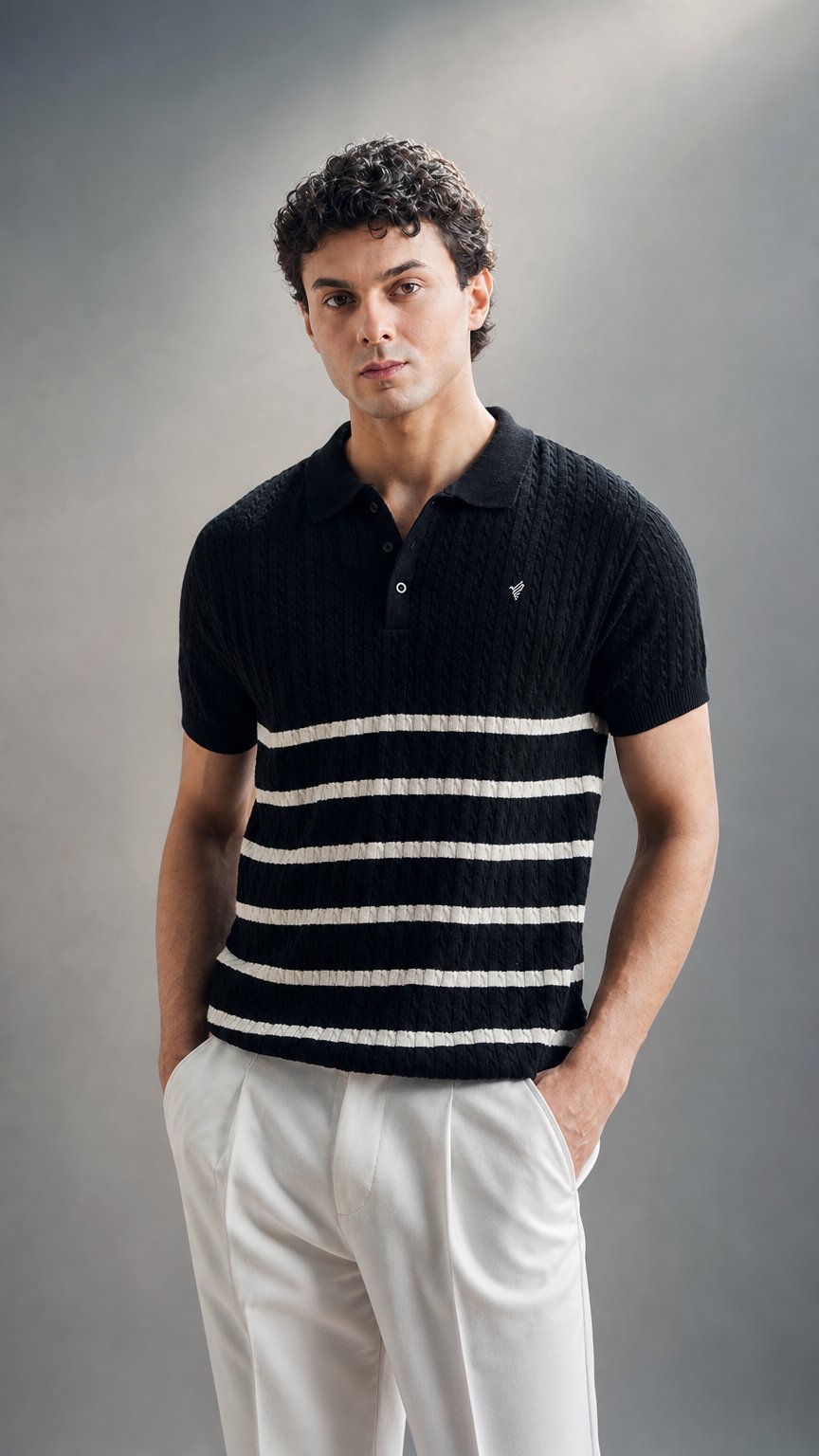 AI product shot of Black Striped Cable Knit POLO