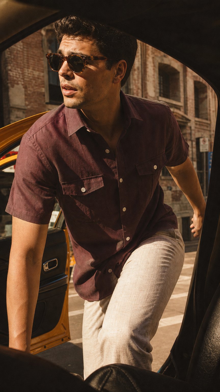 AI product shot of Maroon Double Pocket Short Sleeve Linen Shirt