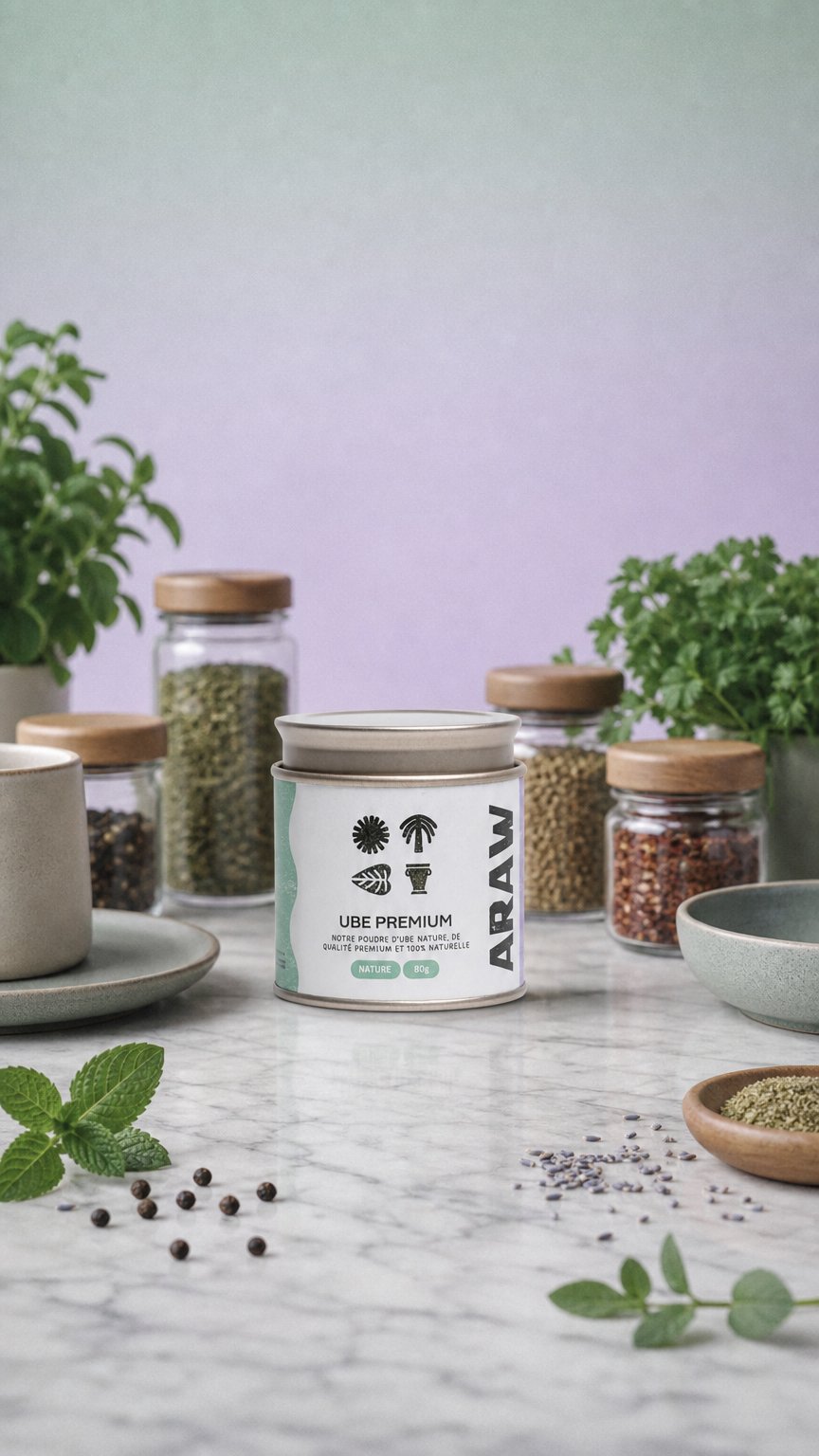 AI product shot of Poudre d'Ube Premium - La Nature