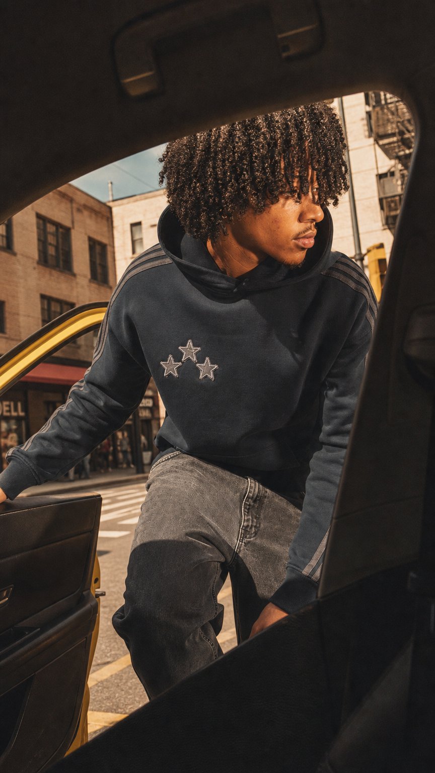 AI product shot of 3 stars black hoodie