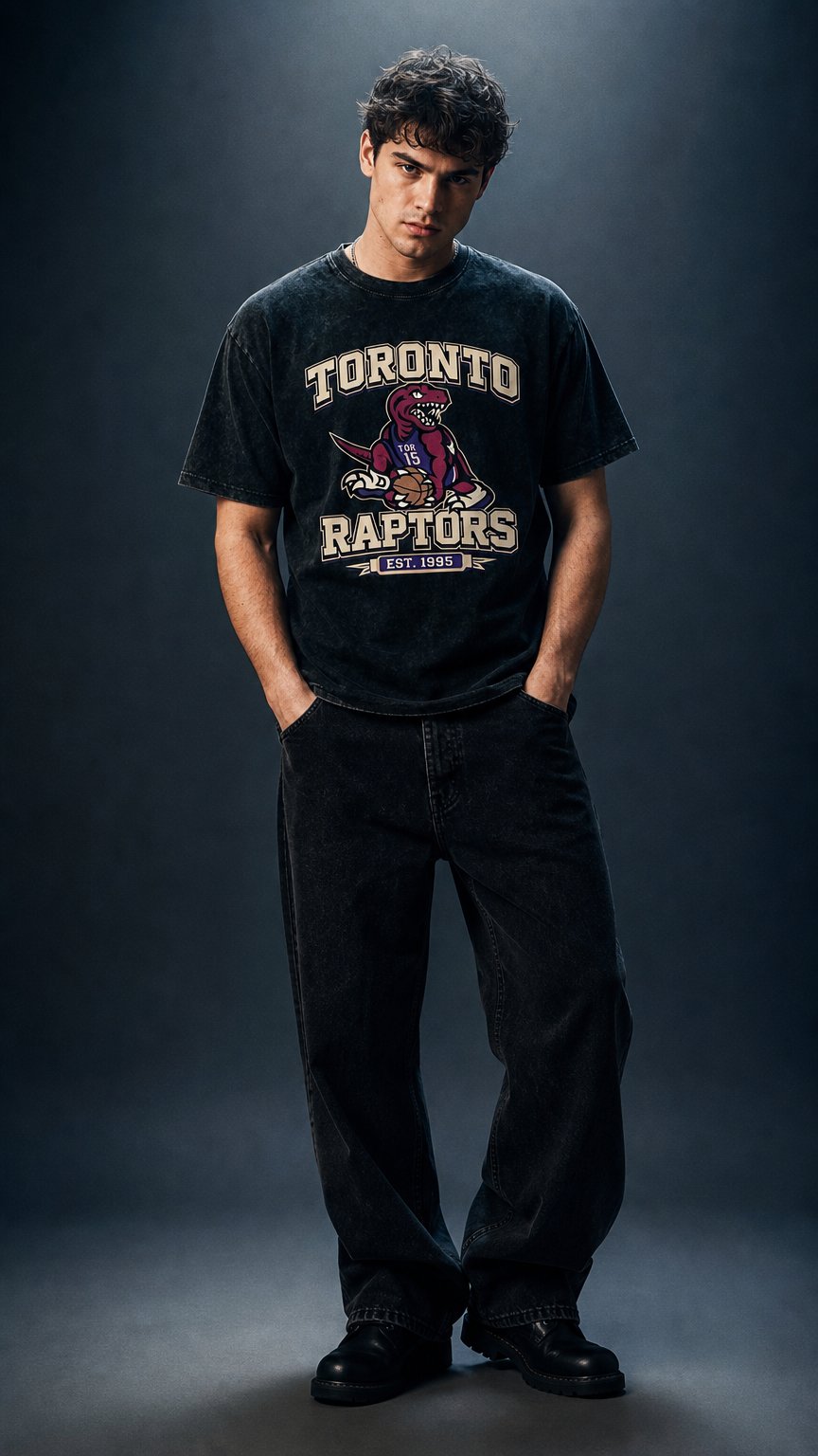 AI product shot of Toronto Raptors Vintage T-Shirt – Oversized Streetwear Shirt – 90s Basketball Graphic – Washed Raptors Tee